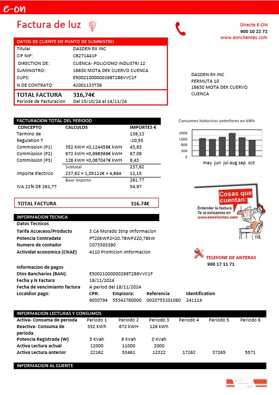 Spain E.ON electricity business utility bill template in Word and PDF formats